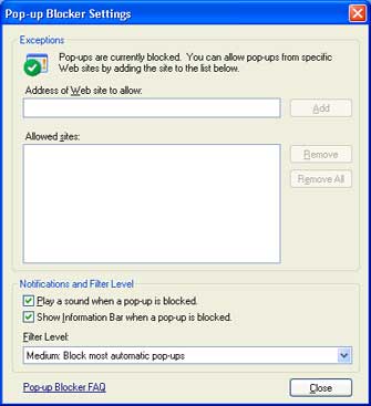 Pop-Up Blocker Settings scfeen
